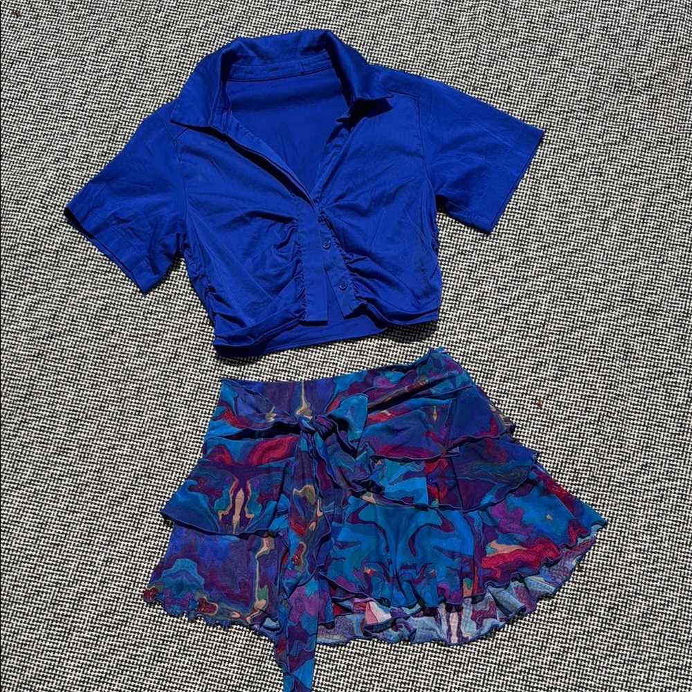 Vibrant Blue Top and Colorful Skirt Set